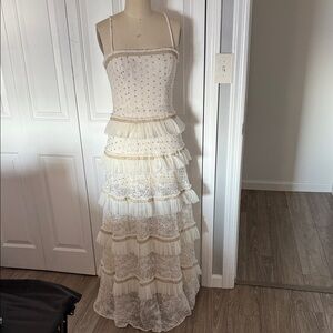 BCBG elegant White Lace Tiered Maxi Dress